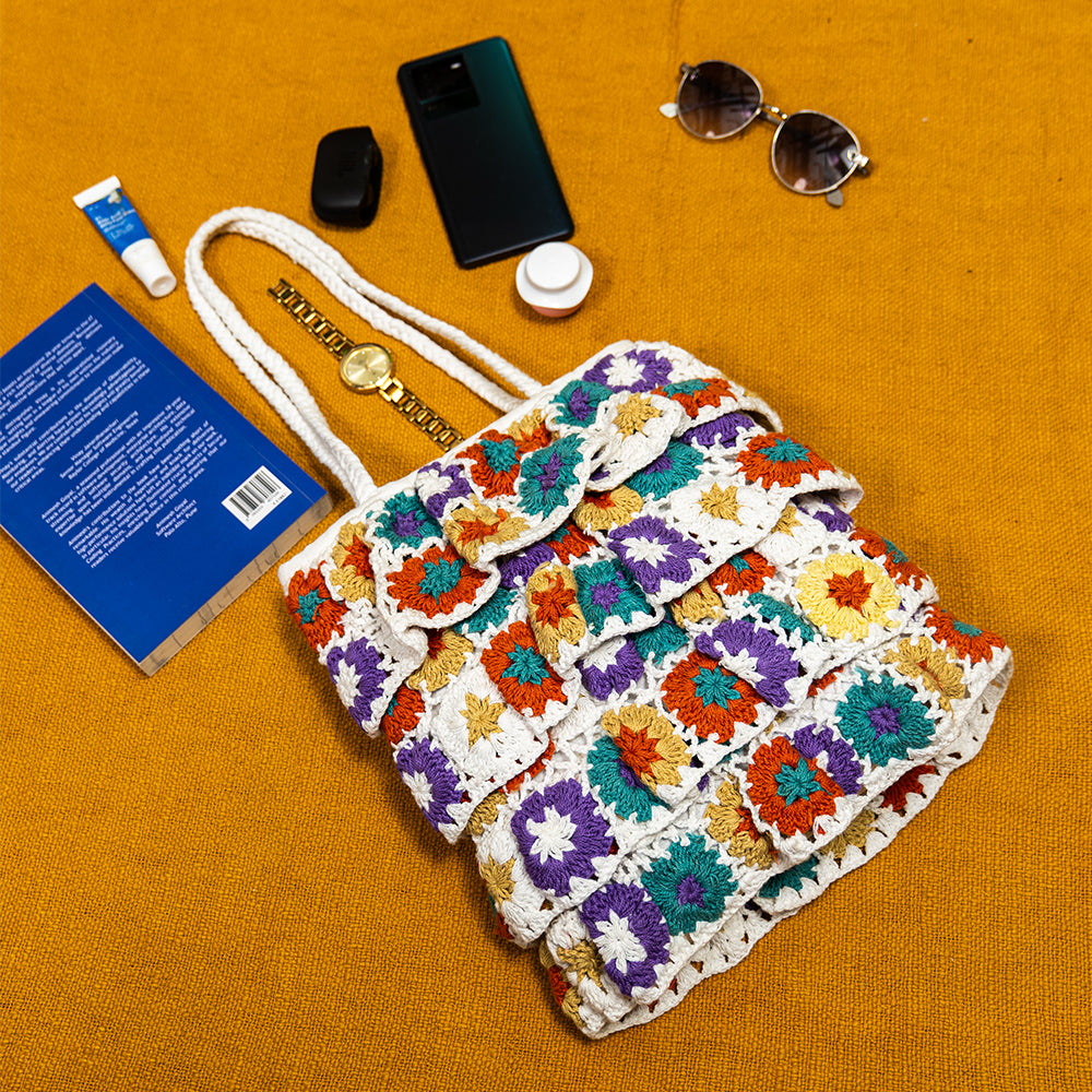 Handmade Crochet Knitted Multicolor Shoulder Bag – Boho Style Shopper Tote