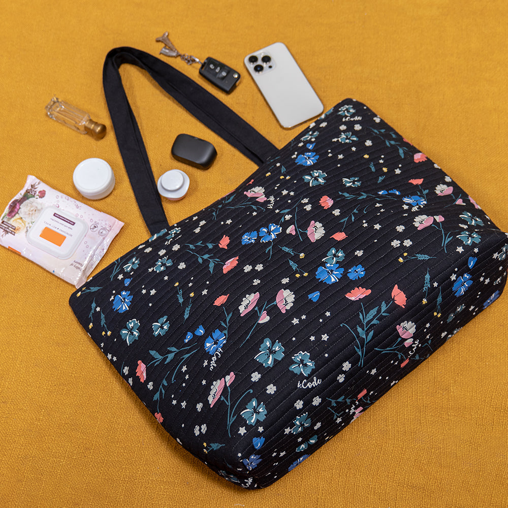 Handcrafted Cotton Quilted Shopper Bag – Dual Zipper, Padded, Lightweight, Perfect for Laptop and Travel