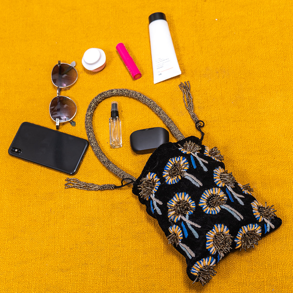 Handcrafted Floral Glass Nalki Bridal Bag – Velvet Satin Lining, Chain Strap, Perfect for Weddings