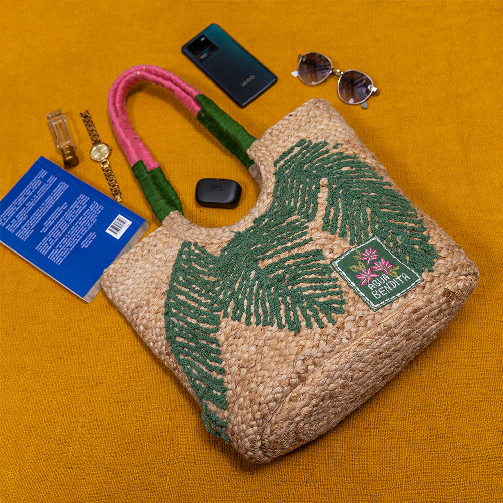 Handcrafted Embroidered Jute Shoulder Bag – Oval Base, Spacious, Eco-Friendly for Laptop and Daily Use