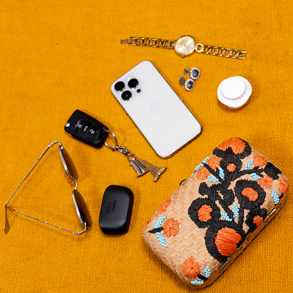 Handmade Raffia Embroidery Clutch with Glass Beads, Metal Frame, and Detachable Chain