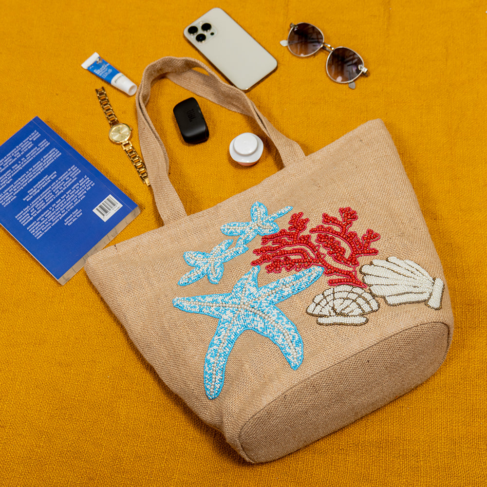 Handcrafted Jute Shopper Tote Bag – Cotton Blend, Embroidered, Spacious, Perfect for Shopping and Beach