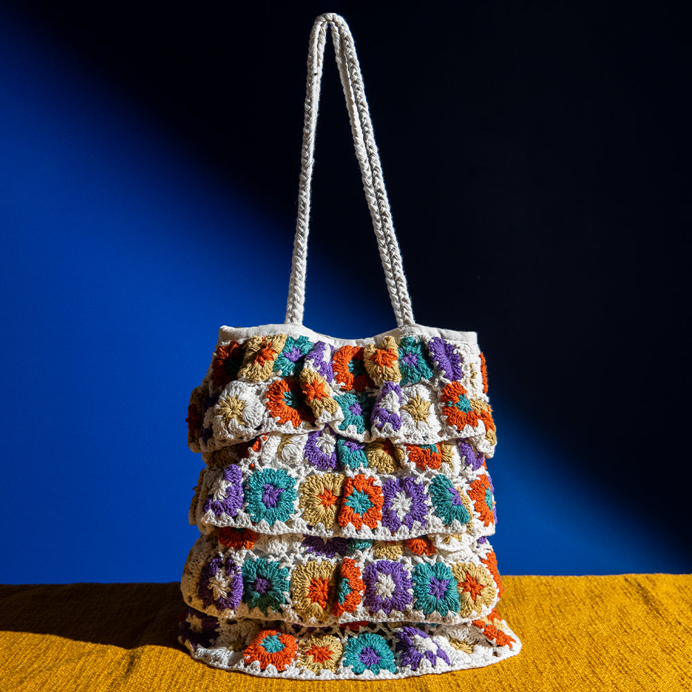 Handmade Crochet Knitted Multicolor Shoulder Bag – Boho Style Shopper Tote