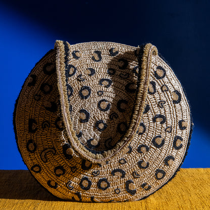 Tiger Print Beaded Raffia Tote Bag – Handmade Cotton Shopper for Women, Travel & Office