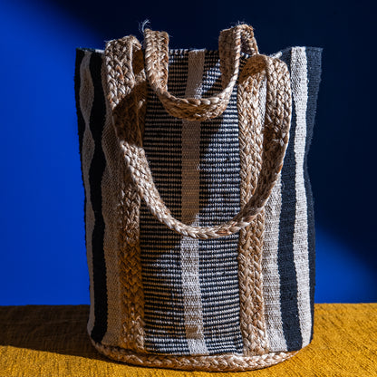 Handloom Jute Shopper Tote Bag – Oval Base, Cotton Blend, Eco-Friendly for Shopping and Beach