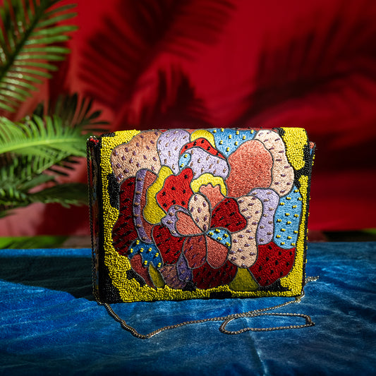 Elegant Floral Beaded Sling Bag for Women – Cotton Fabric, Magnetic Closure, Ideal for Party Outings
