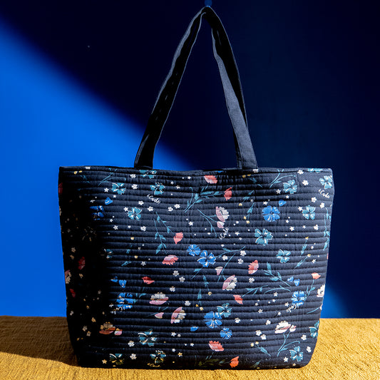 Handcrafted Cotton Quilted Shopper Bag – Dual Zipper, Padded, Lightweight, Perfect for Laptop and Travel