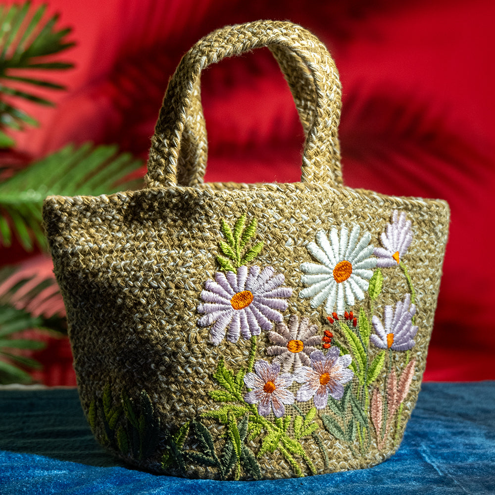 Mini Handcrafted Jute Floral Tote Bag – Lightweight Cotton Blend, Perfect for Picnic and Beach Outings