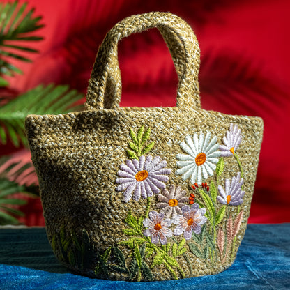 Mini Handcrafted Jute Floral Tote Bag – Lightweight Cotton Blend, Perfect for Picnic and Beach Outings