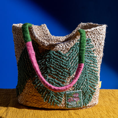 Handcrafted Embroidered Jute Shoulder Bag – Oval Base, Spacious, Eco-Friendly for Laptop and Daily Use