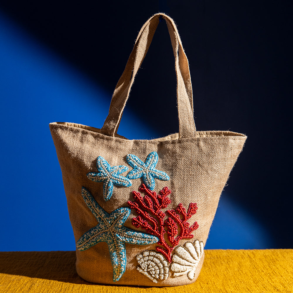 Handcrafted Jute Shopper Tote Bag – Cotton Blend, Embroidered, Spacious, Perfect for Shopping and Beach