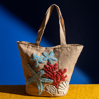 Handcrafted Jute Shopper Tote Bag – Cotton Blend, Embroidered, Spacious, Perfect for Shopping and Beach