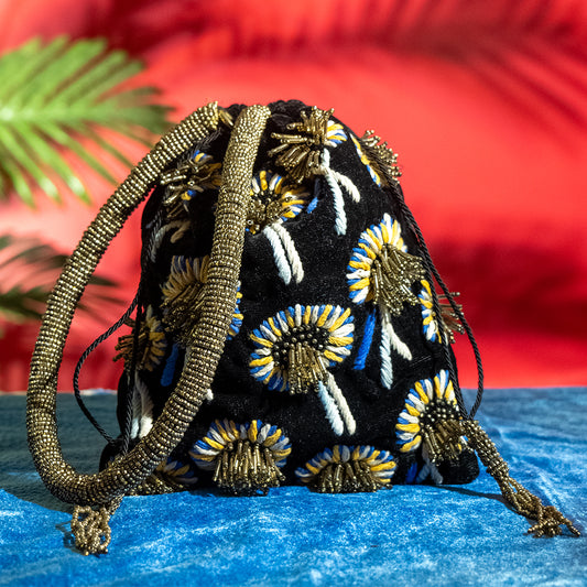 Handcrafted Floral Glass Nalki Bridal Bag – Velvet Satin Lining, Chain Strap, Perfect for Weddings