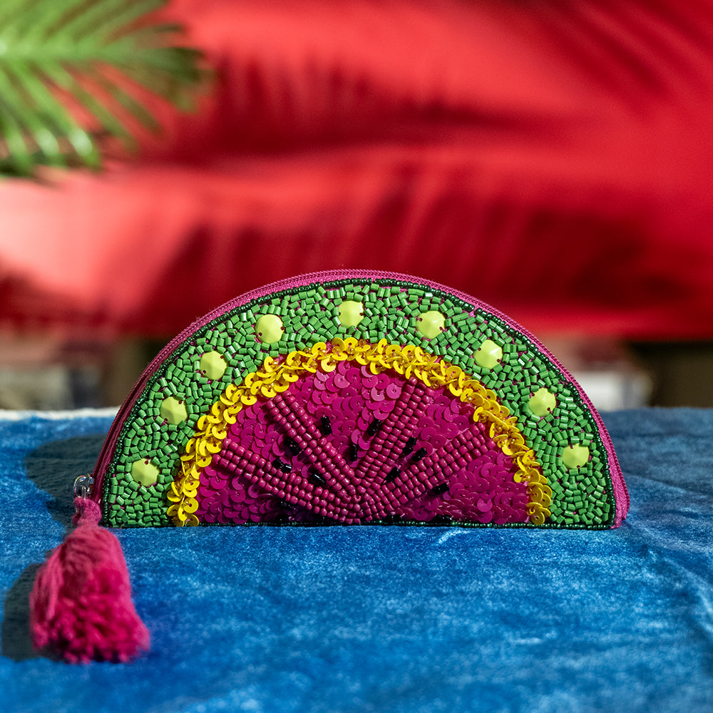 Handmade Beaded Coin Pouch with Tassel Watermelon Design – Elegant Zipper Clutch for Cash and Evening Outfits