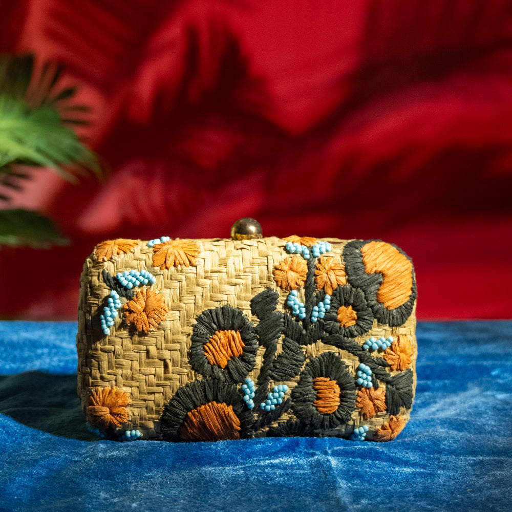 Handmade Raffia Embroidery Clutch with Glass Beads, Metal Frame, and Detachable Chain