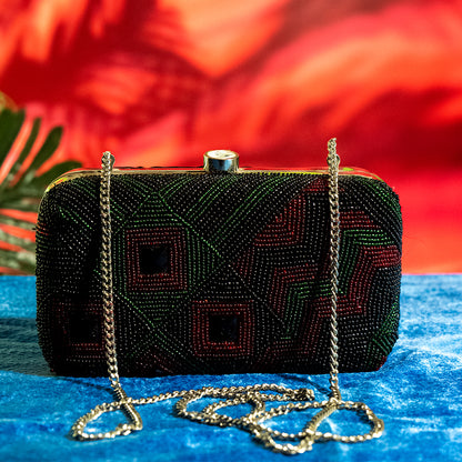 Handmade Beaded Glasstone Party Clutch with Metal Frame and Detachable Chain Handle