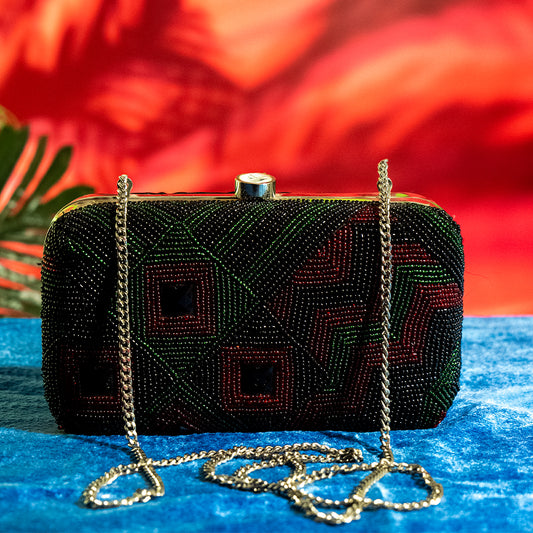 Handmade Beaded Glasstone Party Clutch with Metal Frame and Detachable Chain Handle