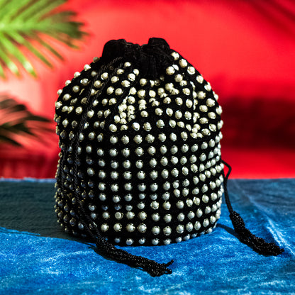 Handcrafted Geometric Glass Beaded Bridal potli– Velvet Satin Lining, Chain Strap, Perfect for Weddings