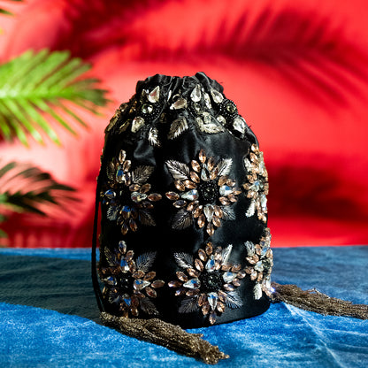 Handcrafted Glass Stone Clutch with Metal Chain – Floral Bridal Purse for Wedding and Reception