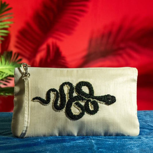 Handmade Polysilk Embroidery Wristlet Clutch Bag with Glass Embellishments for Western Evening Outings