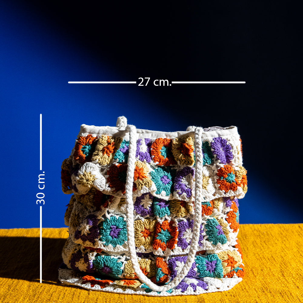 Handmade Crochet Knitted Multicolor Shoulder Bag – Boho Style Shopper Tote