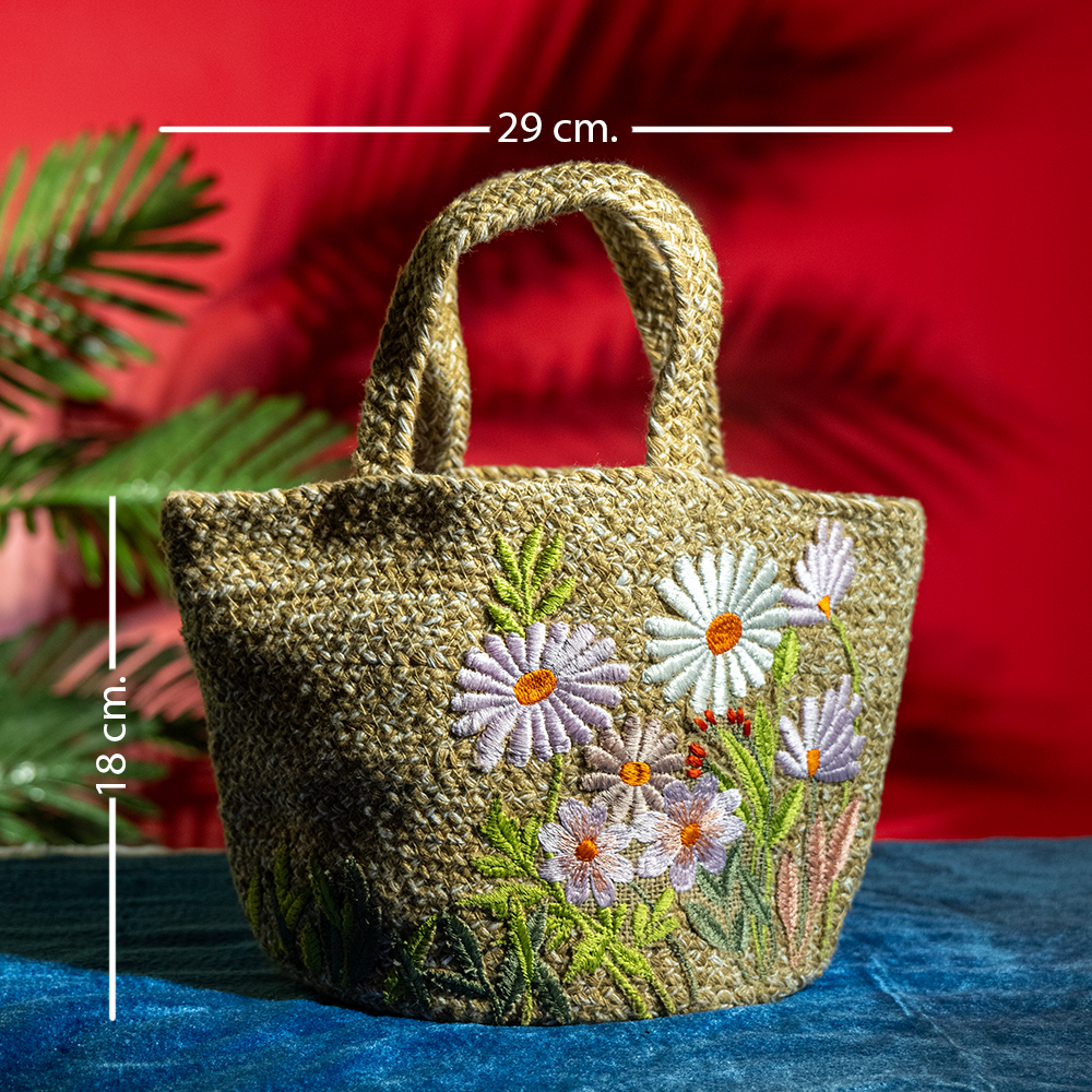 Mini Handcrafted Jute Floral Tote Bag – Lightweight Cotton Blend, Perfect for Picnic and Beach Outings