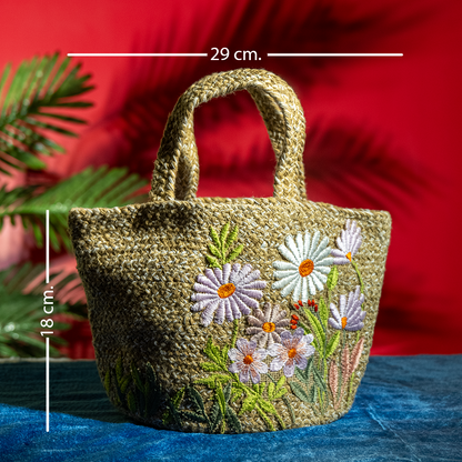 Mini Handcrafted Jute Floral Tote Bag – Lightweight Cotton Blend, Perfect for Picnic and Beach Outings