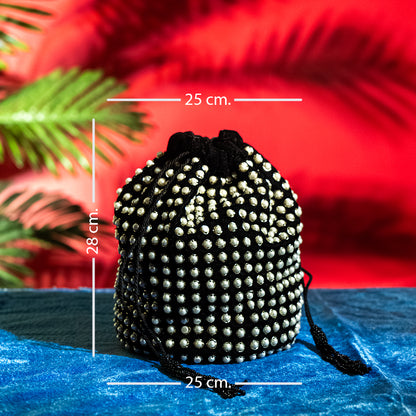 Handcrafted Geometric Glass Beaded Bridal potli– Velvet Satin Lining, Chain Strap, Perfect for Weddings