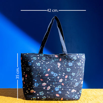 Handcrafted Cotton Quilted Shopper Bag – Dual Zipper, Padded, Lightweight, Perfect for Laptop and Travel