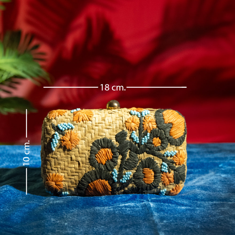 Handmade Raffia Embroidery Clutch with Glass Beads, Metal Frame, and Detachable Chain