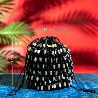 Handcrafted Glass Beaded Potli with Metal Chain – Geometric Bridal Purse for Wedding and Reception