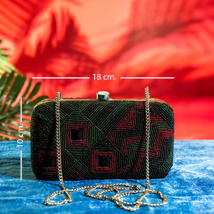 Handmade Beaded Glasstone Party Clutch with Metal Frame and Detachable Chain Handle