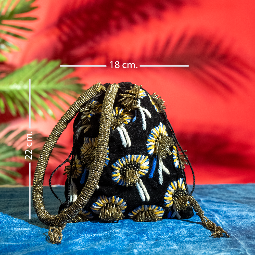 Handcrafted Floral Glass Nalki Bridal Bag – Velvet Satin Lining, Chain Strap, Perfect for Weddings