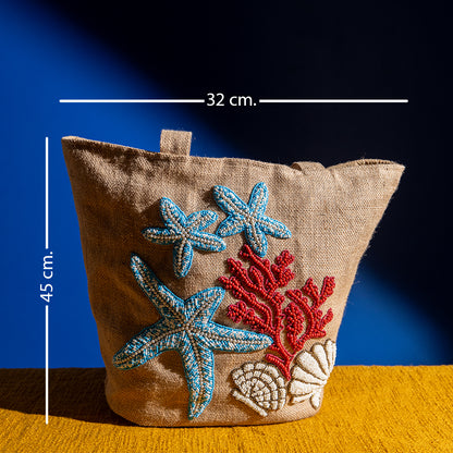 Handcrafted Jute Shopper Tote Bag – Cotton Blend, Embroidered, Spacious, Perfect for Shopping and Beach