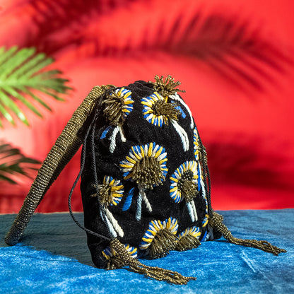 Handcrafted Floral Glass Nalki Bridal Bag – Velvet Satin Lining, Chain Strap, Perfect for Weddings