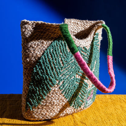 Handcrafted Embroidered Jute Shoulder Bag – Oval Base, Spacious, Eco-Friendly for Laptop and Daily Use