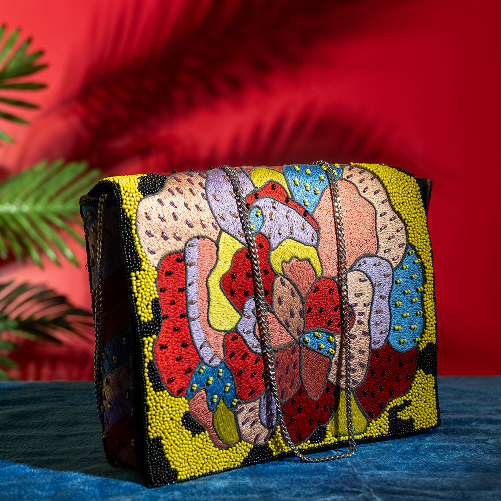 Elegant Floral Beaded Sling Bag for Women – Cotton Fabric, Magnetic Closure, Ideal for Party Outings