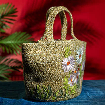 Mini Handcrafted Jute Floral Tote Bag – Lightweight Cotton Blend, Perfect for Picnic and Beach Outings