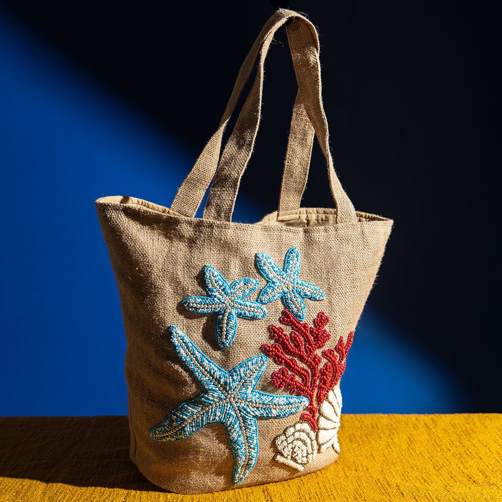 Handcrafted Jute Shopper Tote Bag – Cotton Blend, Embroidered, Spacious, Perfect for Shopping and Beach