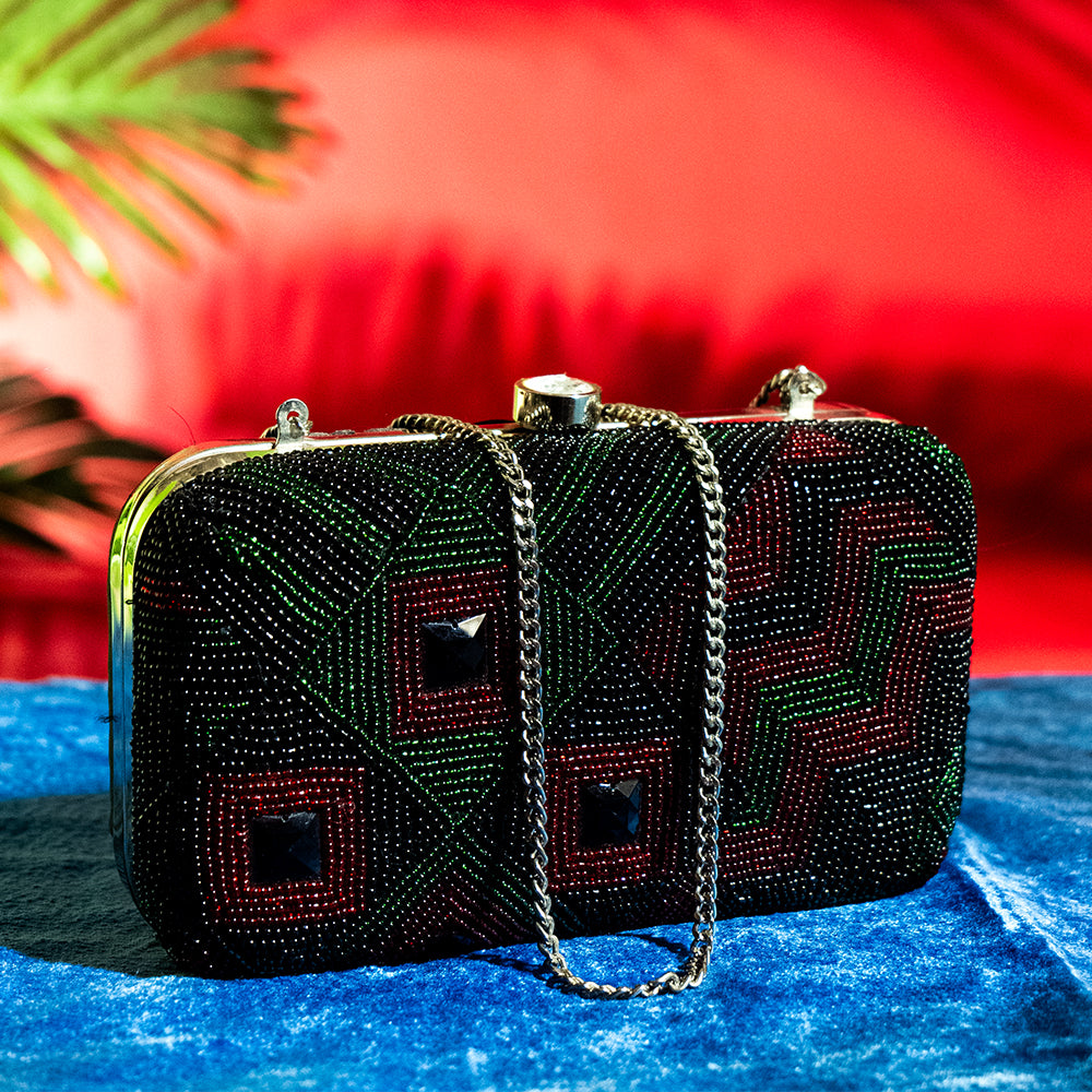 Handmade Beaded Glasstone Party Clutch with Metal Frame and Detachable Chain Handle