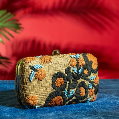 Handmade Raffia Embroidery Clutch with Glass Beads, Metal Frame, and Detachable Chain