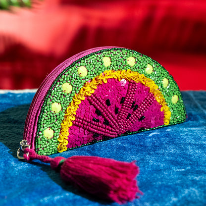 Handmade Beaded Coin Pouch with Tassel Watermelon Design – Elegant Zipper Clutch for Cash and Evening Outfits