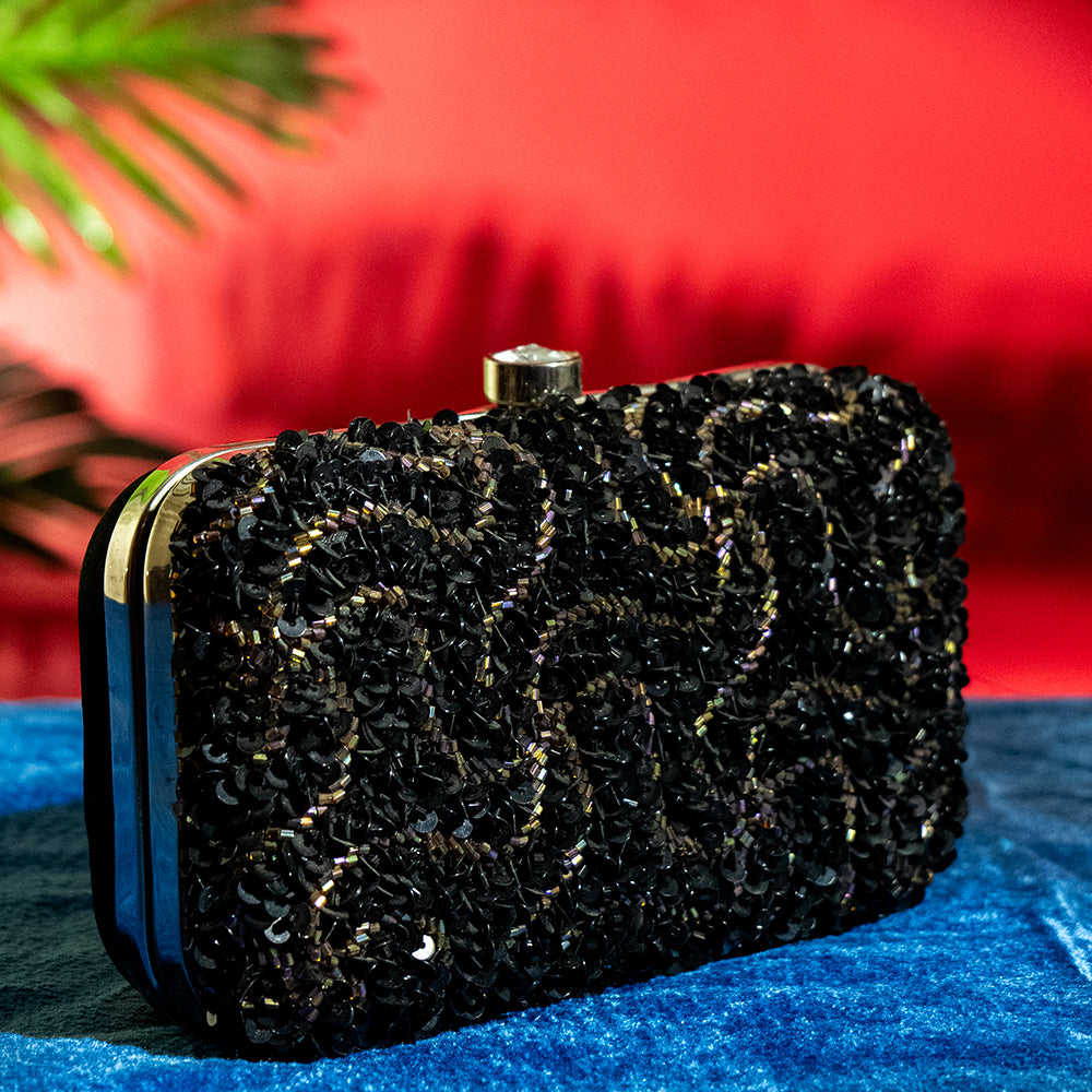 Handmade Glass Beaded Party Clutch with Metal Frame, Handle, and Detachable Chain