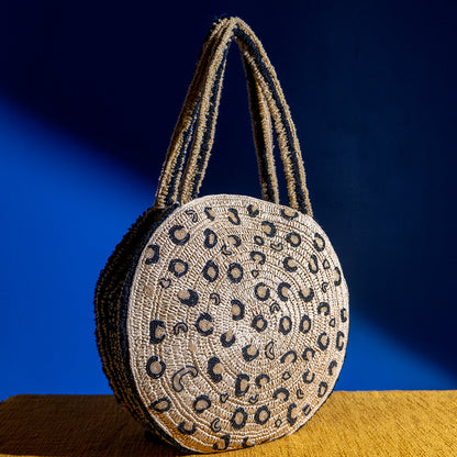 Tiger Print Beaded Raffia Tote Bag – Handmade Cotton Shopper for Women, Travel & Office