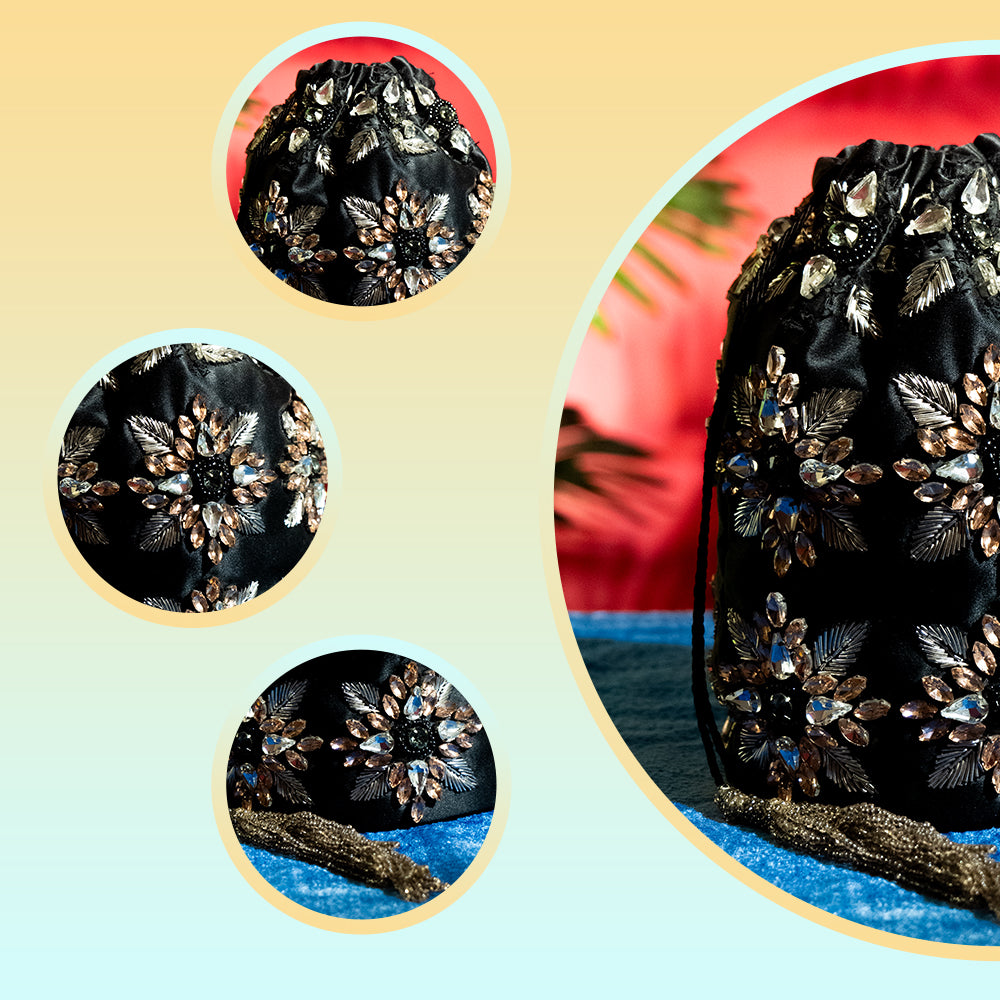 Handcrafted Geometric Glass Beaded Bridal Bag – Velvet Satin Finish, Chain Strap, Perfect for Weddings