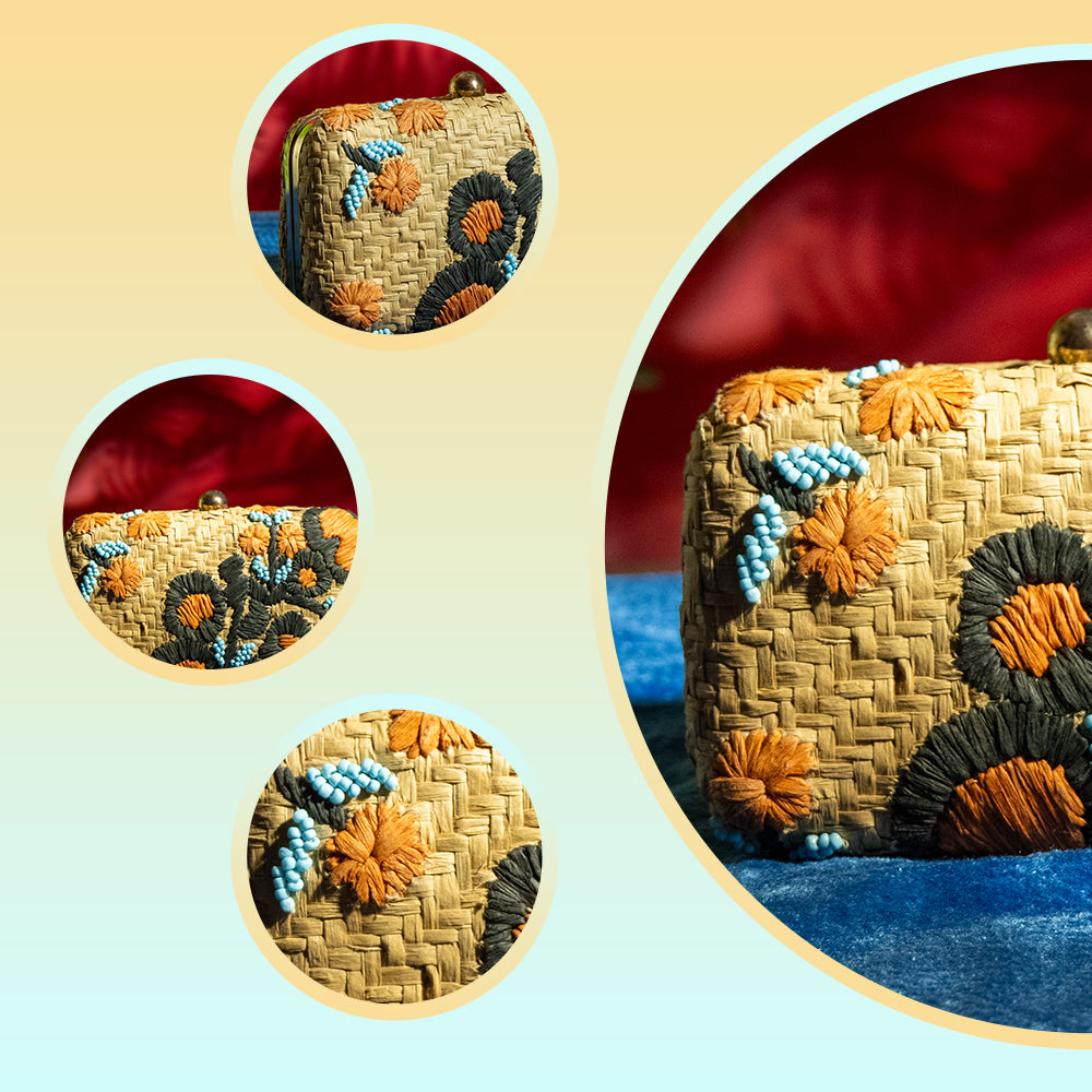 Handmade Raffia Embroidery Clutch with Glass Beads, Metal Frame, and Detachable Chain