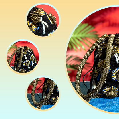 Handcrafted Floral Glass Nalki Bridal Bag – Velvet Satin Lining, Chain Strap, Perfect for Weddings