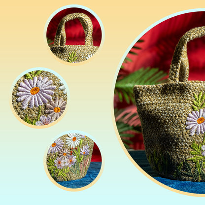 Mini Handcrafted Jute Floral Tote Bag – Lightweight Cotton Blend, Perfect for Picnic and Beach Outings