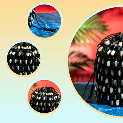 Handcrafted Glass Beaded Potli with Metal Chain – Geometric Bridal Purse for Wedding and Reception