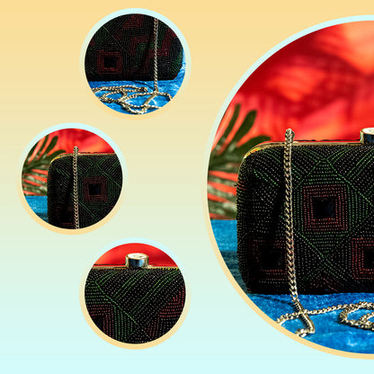 Handmade Beaded Glasstone Party Clutch with Metal Frame and Detachable Chain Handle